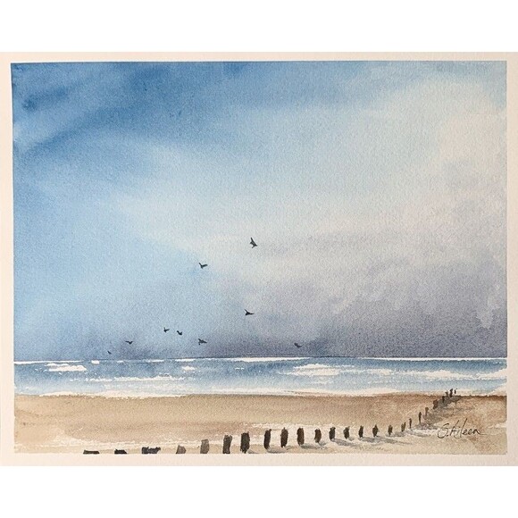 Original Watercolor Seascape Painting Beach Birds Blue Skies Fence 8x10 Signed - Picture 1 of 2